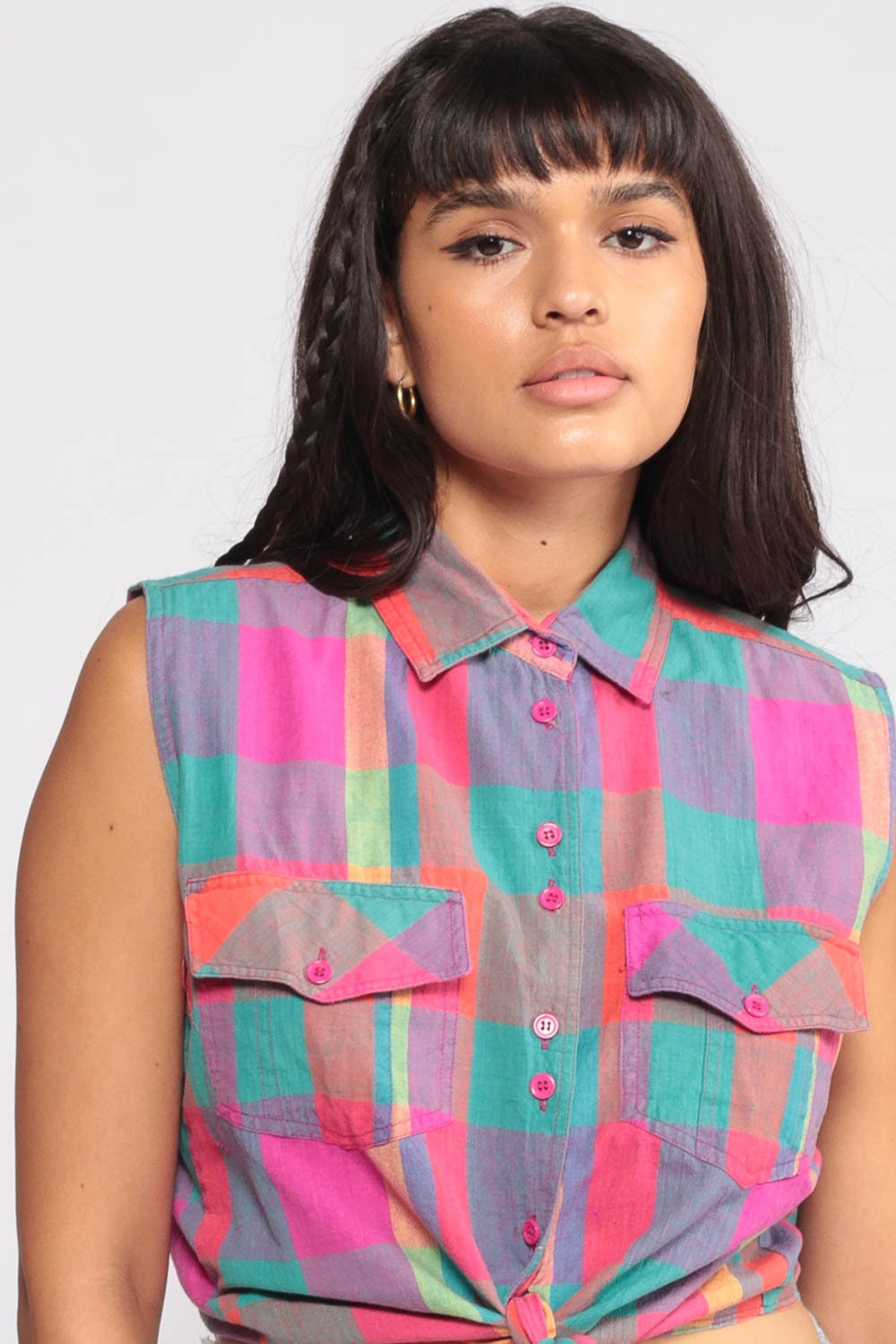 90s Plaid Crop Blouse Sleeveless Button-Up Tie Waist Pink Turquoise Medium