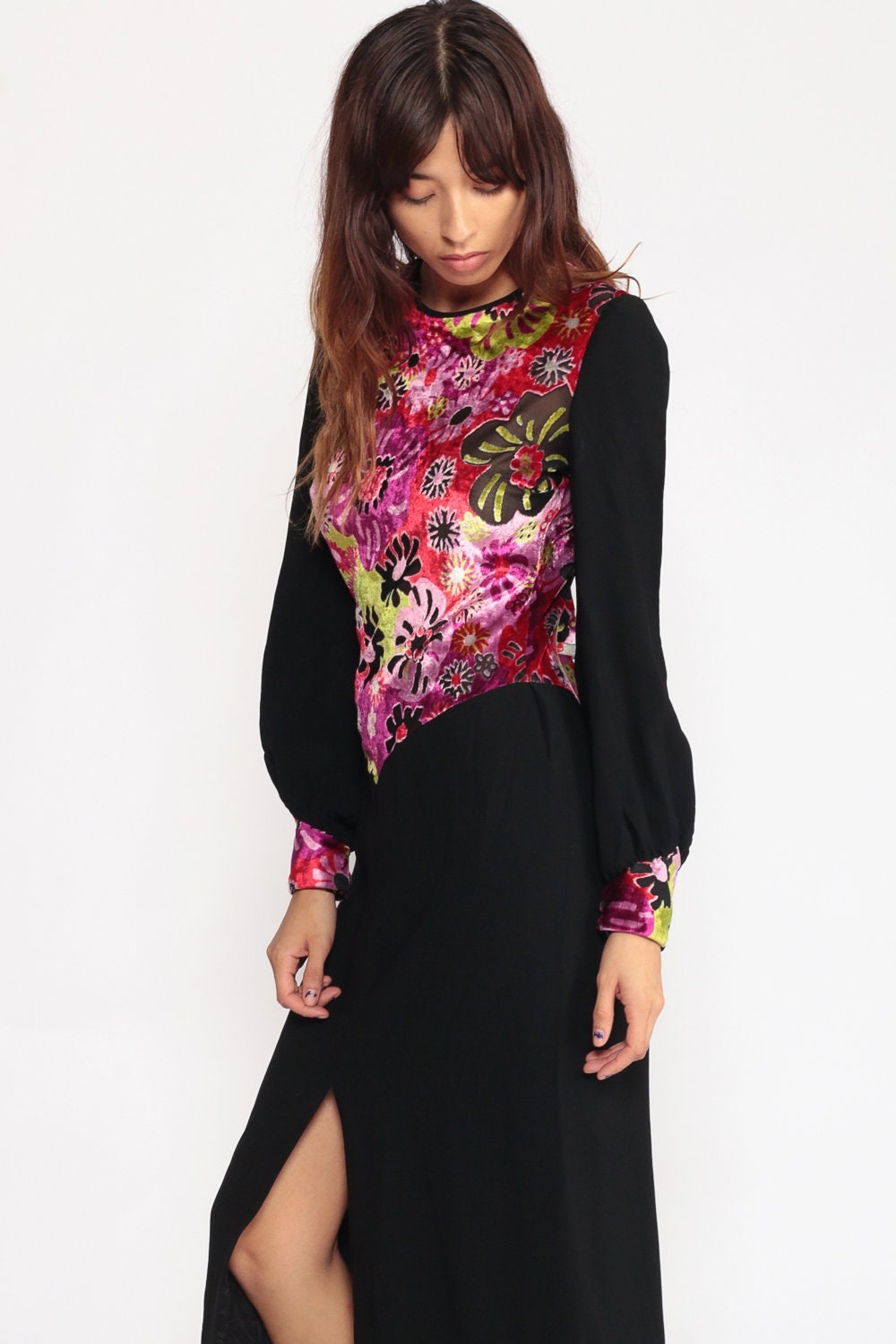 70s Velvet Burnout Floral Maxi Dress High Slit Long Sleeve Black Purple Medium