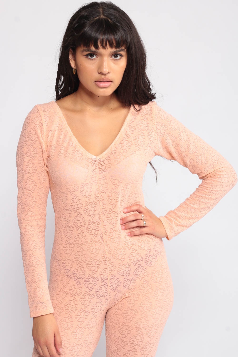 90s Peach Lace Jumpsuit Long Sleeve Sheer Bodysuit Petite Medium