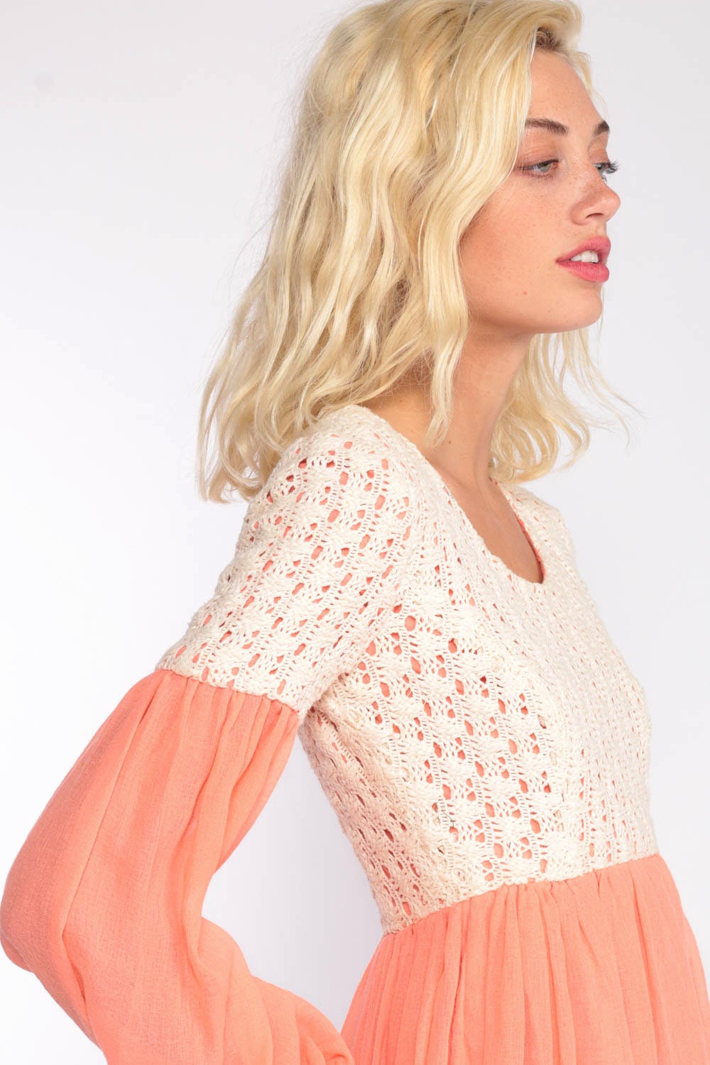 70s Crochet Lace Maxi Dress Peach Empire Waist Party Gown Extra Small