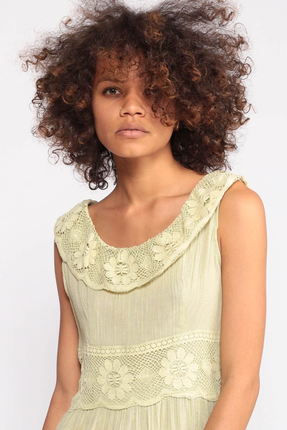 70s Pale Green Gauze Mini Dress Lace Trim High Waist Tiered Small
