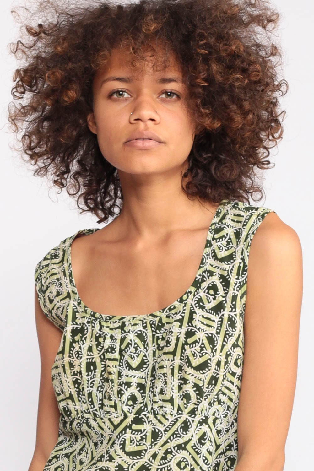 90s Babydoll Dress Tribal Print Empire Waist Mini Green Small