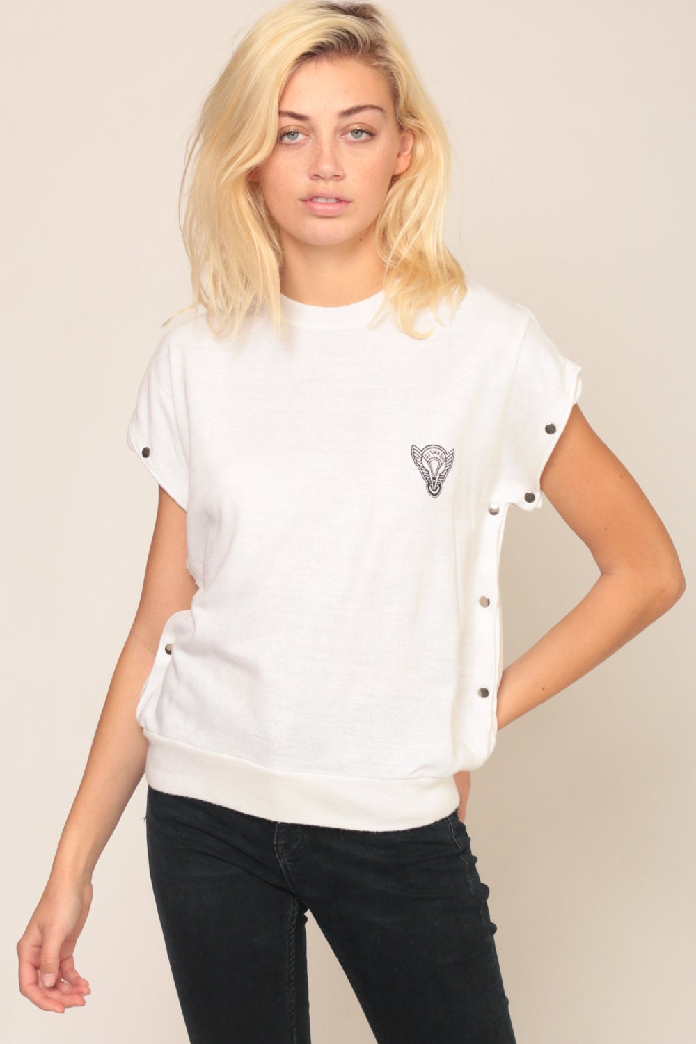 80s DJ Smash White Cap Sleeve Blouse Nautical Graphic Snap Side Medium