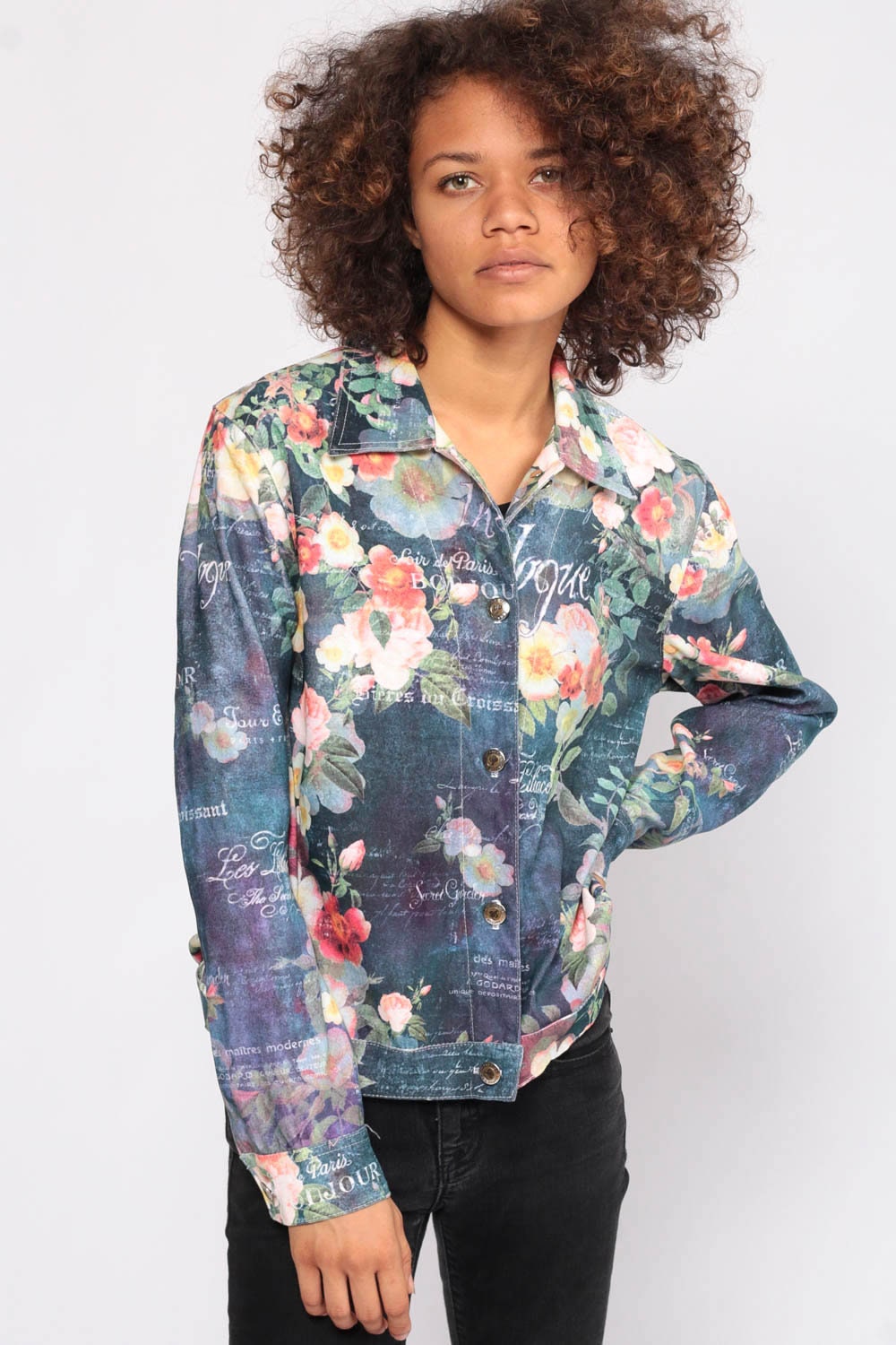 90s Vogue Floral Button-Up Shirt Long Sleeve Blue Extra Small