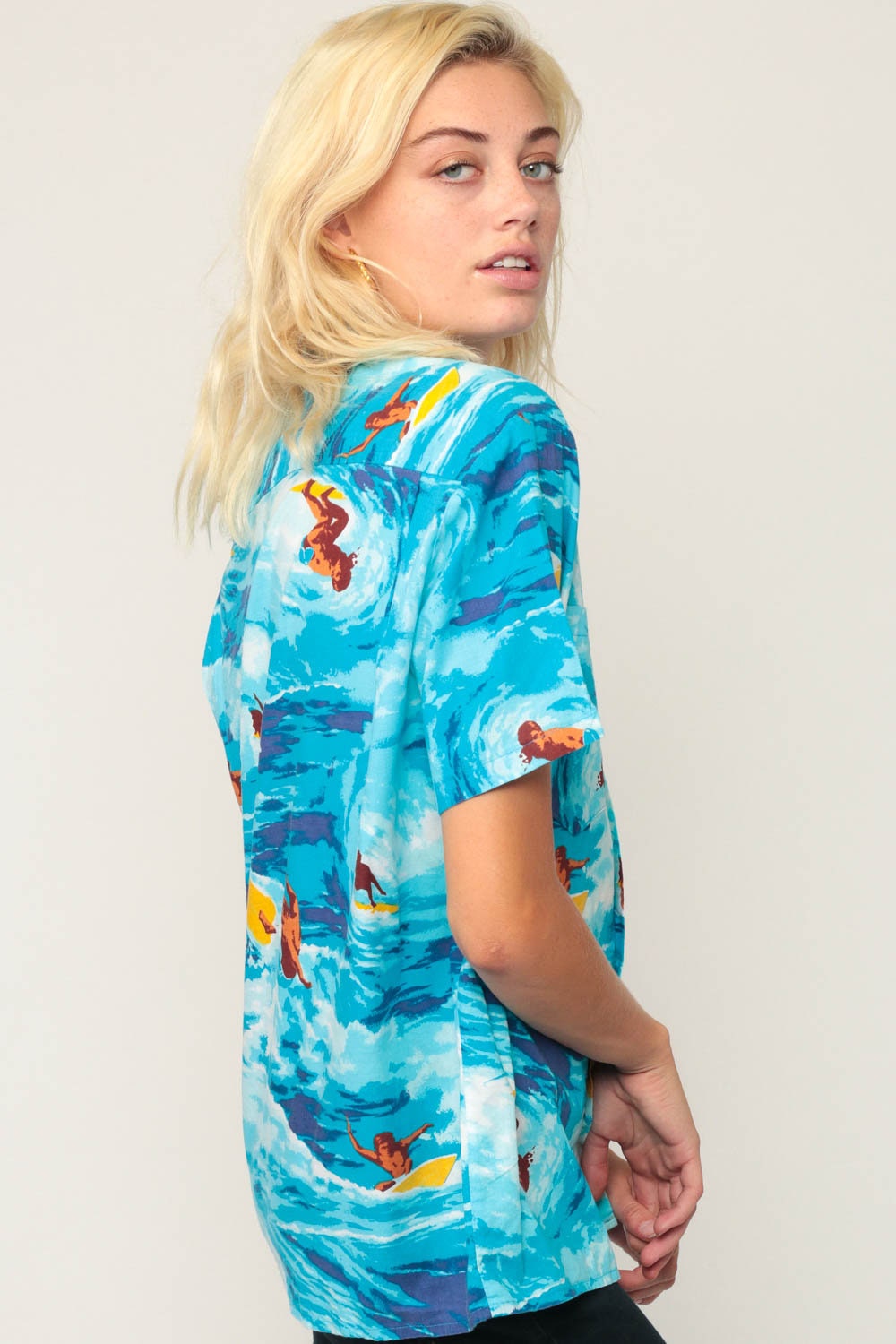 80s Hawaiian Surfer Shirt Button Up Tropical Print Blue Unisex Medium Large