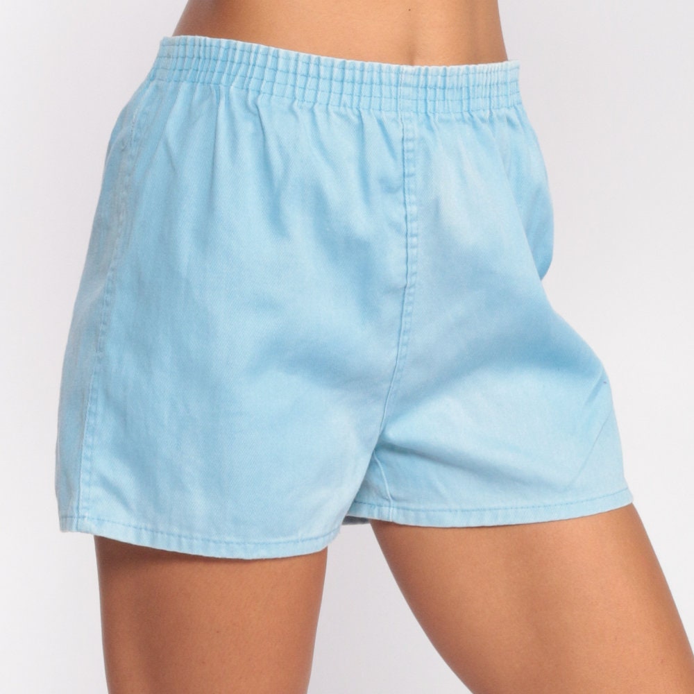 80s Baby Blue Running Shorts High Waist Elastic Denim Small Medium