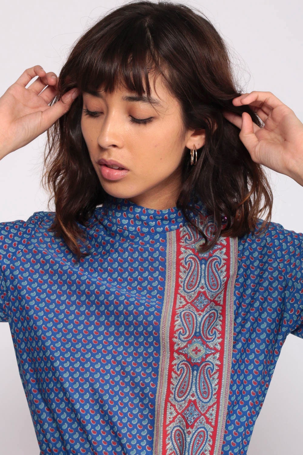 70s Paisley Print Midi Dress Blue Red Button-Up Long Sleeve Medium Large