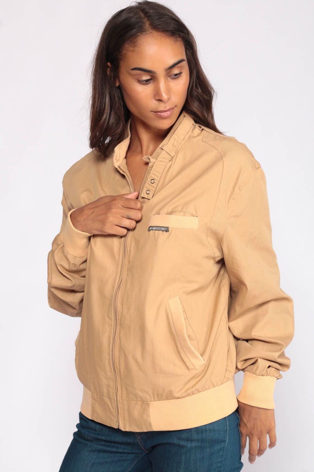 80s Members Only Bomber Jacket Tan Windbreaker Epaulette Medium Large