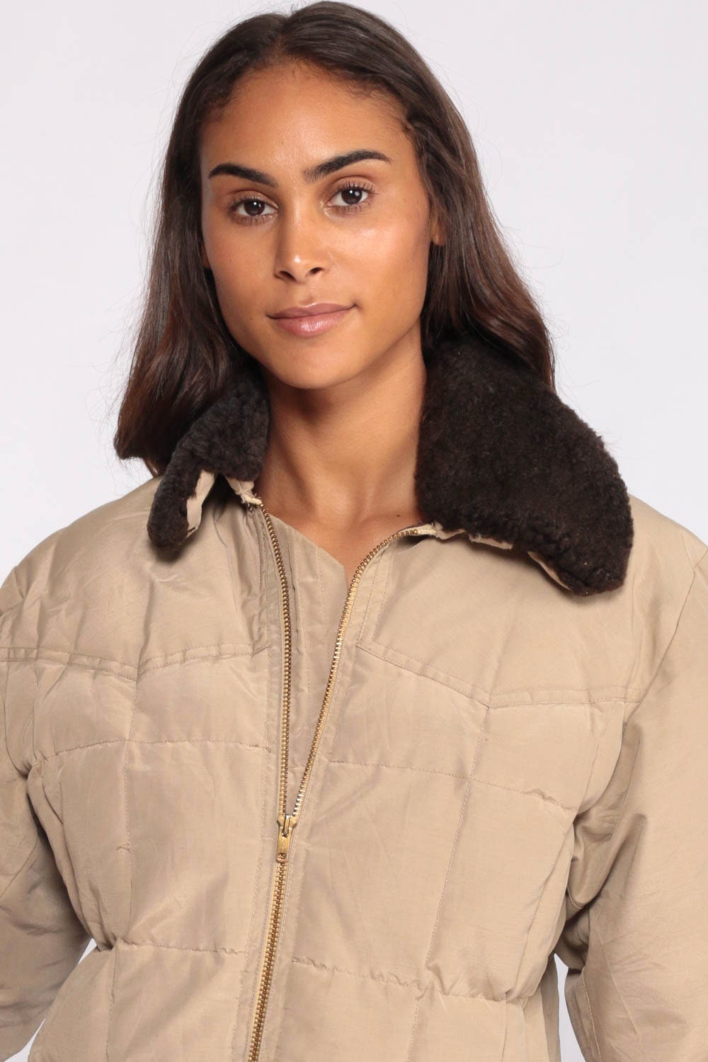 70s 80s Tan Down Puffer Jacket Sherpa Collar Ski Coat Medium Large