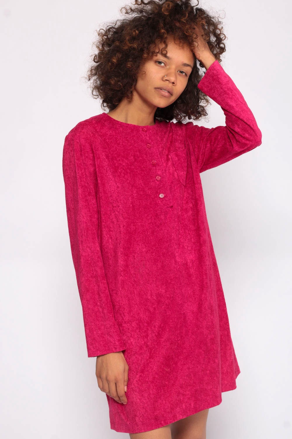 80s Hot Pink Terry Cloth Mini Dress Button Front Long Sleeve Shift Small