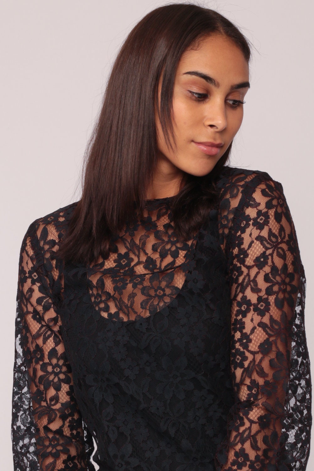 80s Black Lace Mini Dress Long Sleeve Shift Sheer Medium