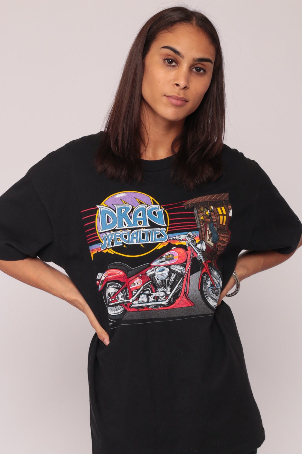 90s Drag Specialties Motorcycle Graphic T-Shirt Black Biker Unisex Large