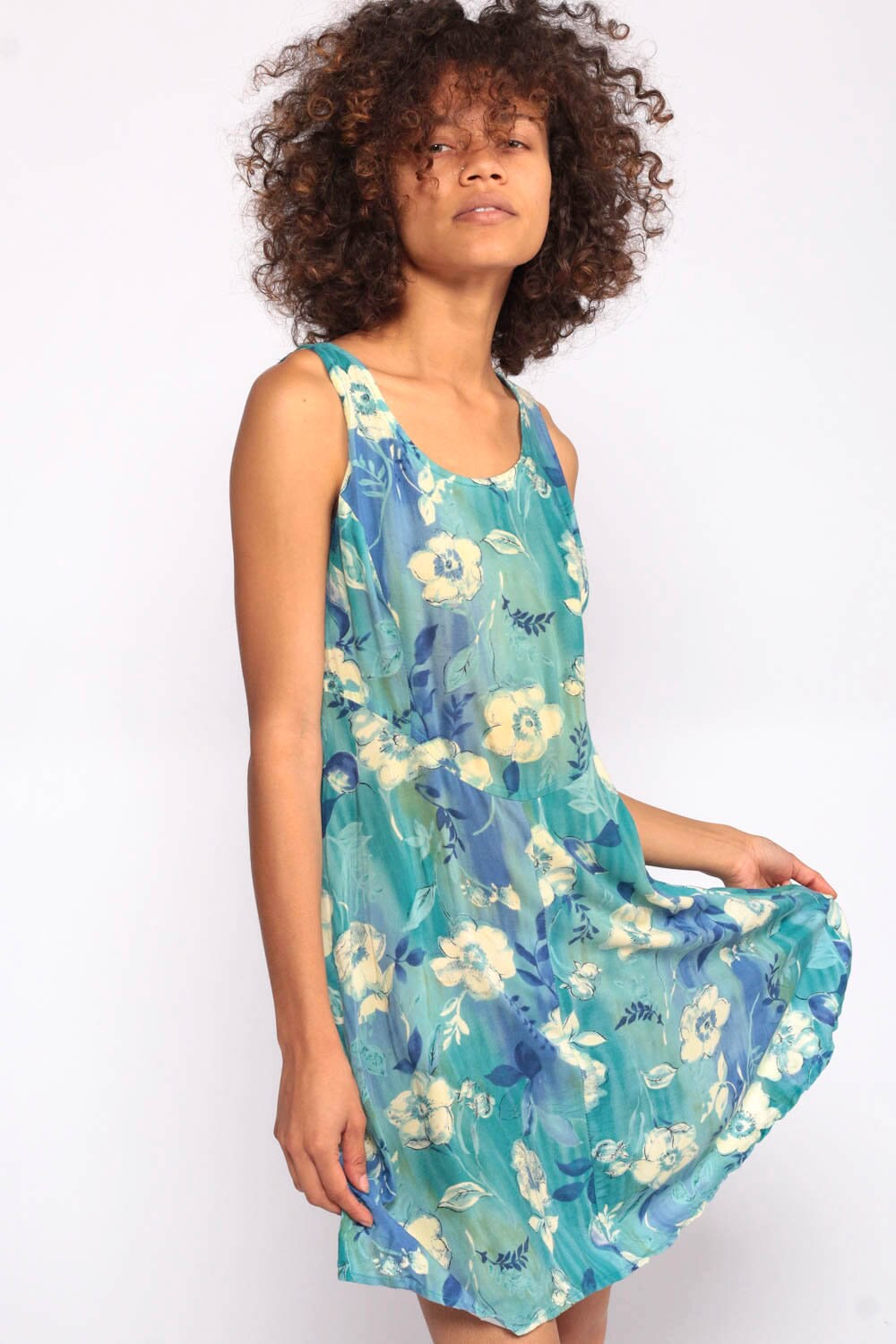 90s Floral Mini Dress Blue Yellow Sleeveless Sheath Corset Back Small Medium
