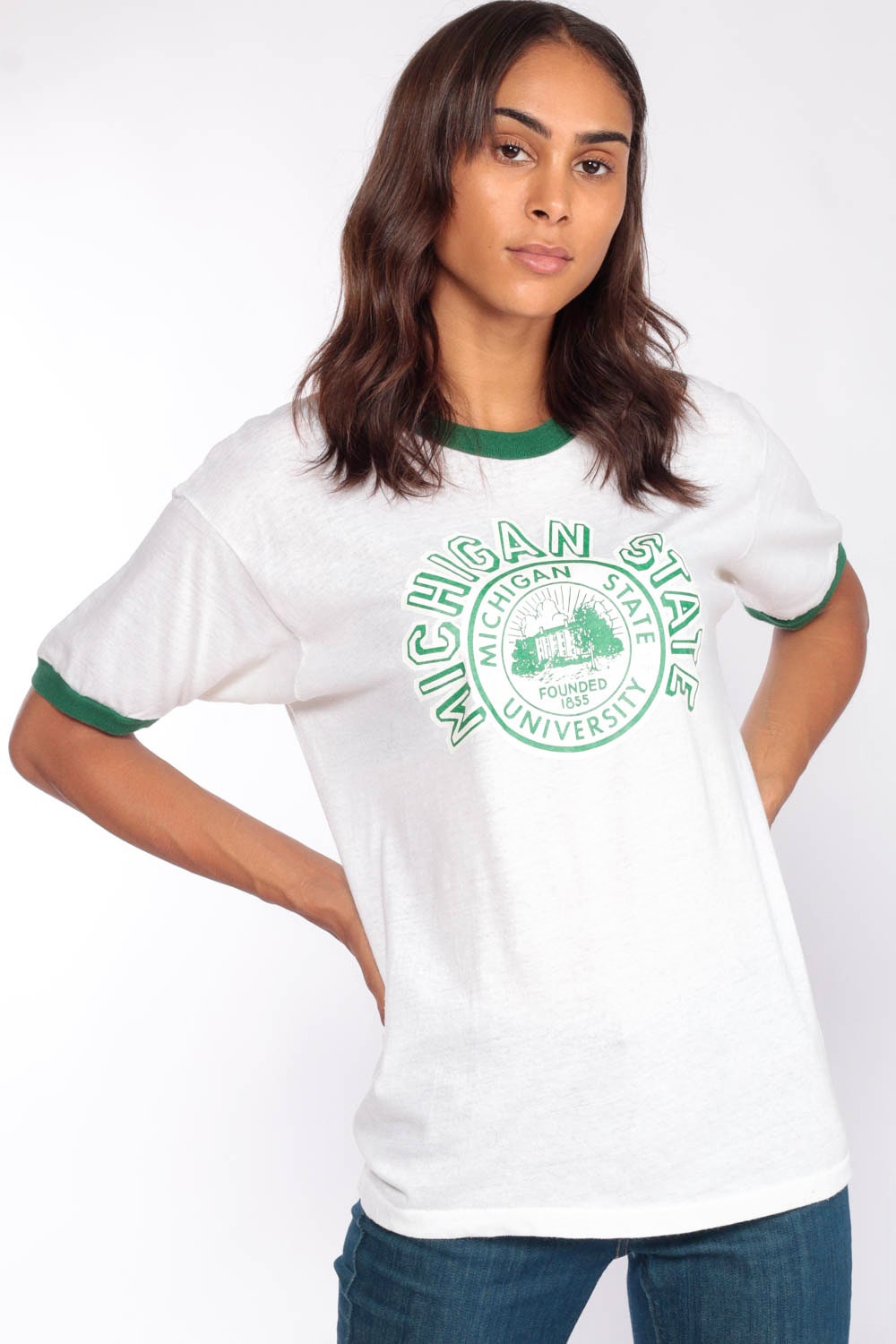 80s Michigan State University Ringer Tee Graphic Print Burnout Large