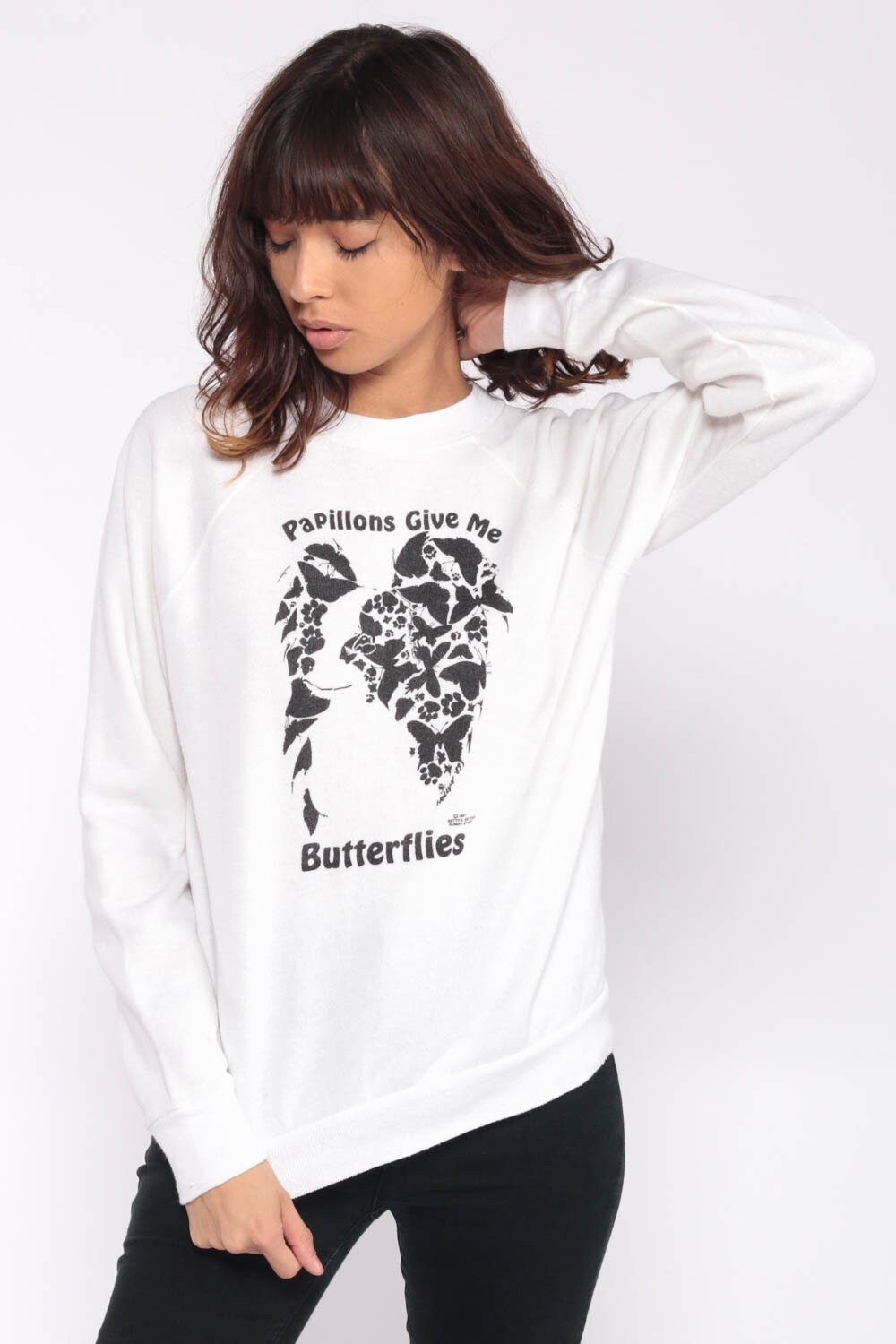 80s Butterfly Papillions Sweatshirt White Graphic Crewneck Extra Small