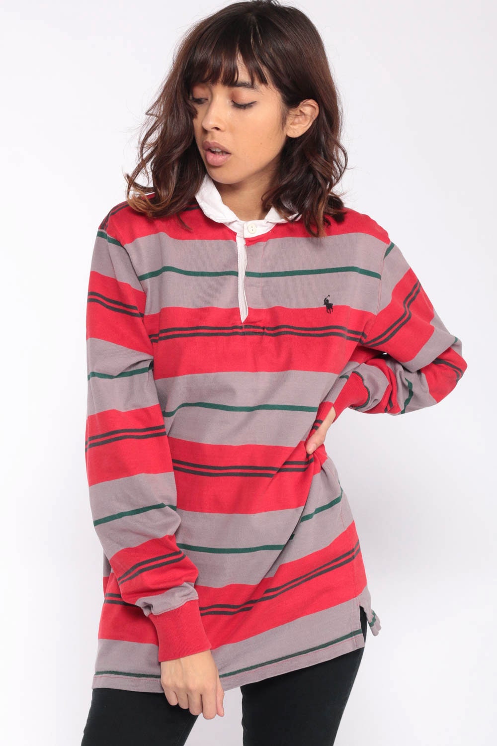 Ralph Lauren Polo Sport 90s Striped Long Sleeve Shirt Grey Large