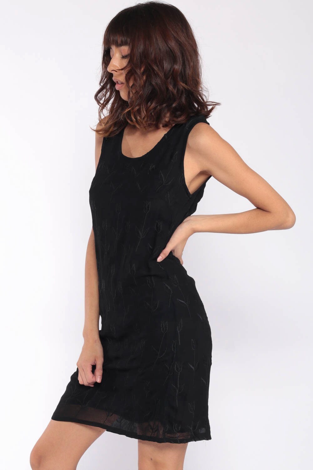 90s Black Floral Embroidered Viscose Mini Shift Dress Sleeveless Small