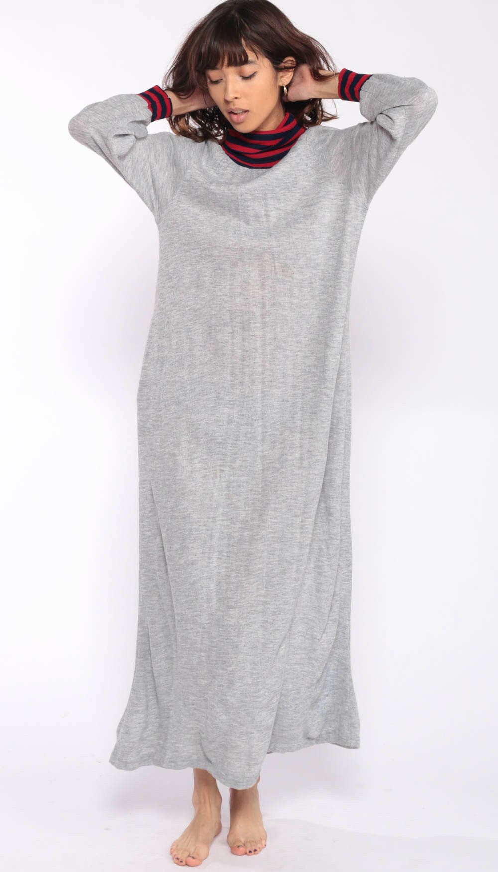 80s Grey Turtleneck Sweatshirt Dress Maxi Long Sleeve Medium