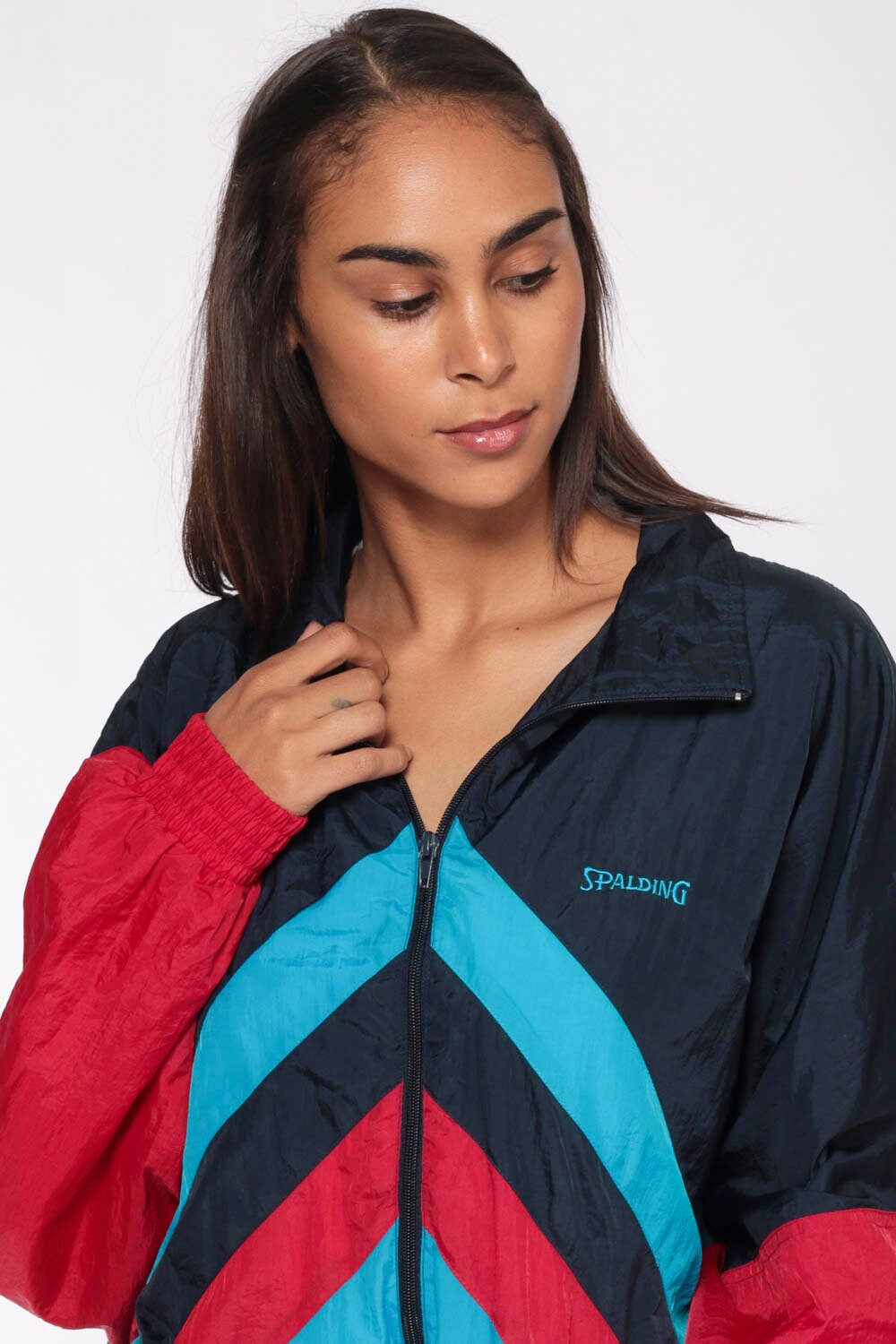 90s Spalding Windbreaker Jacket Navy Turquoise Colour Block Striped Extra Large