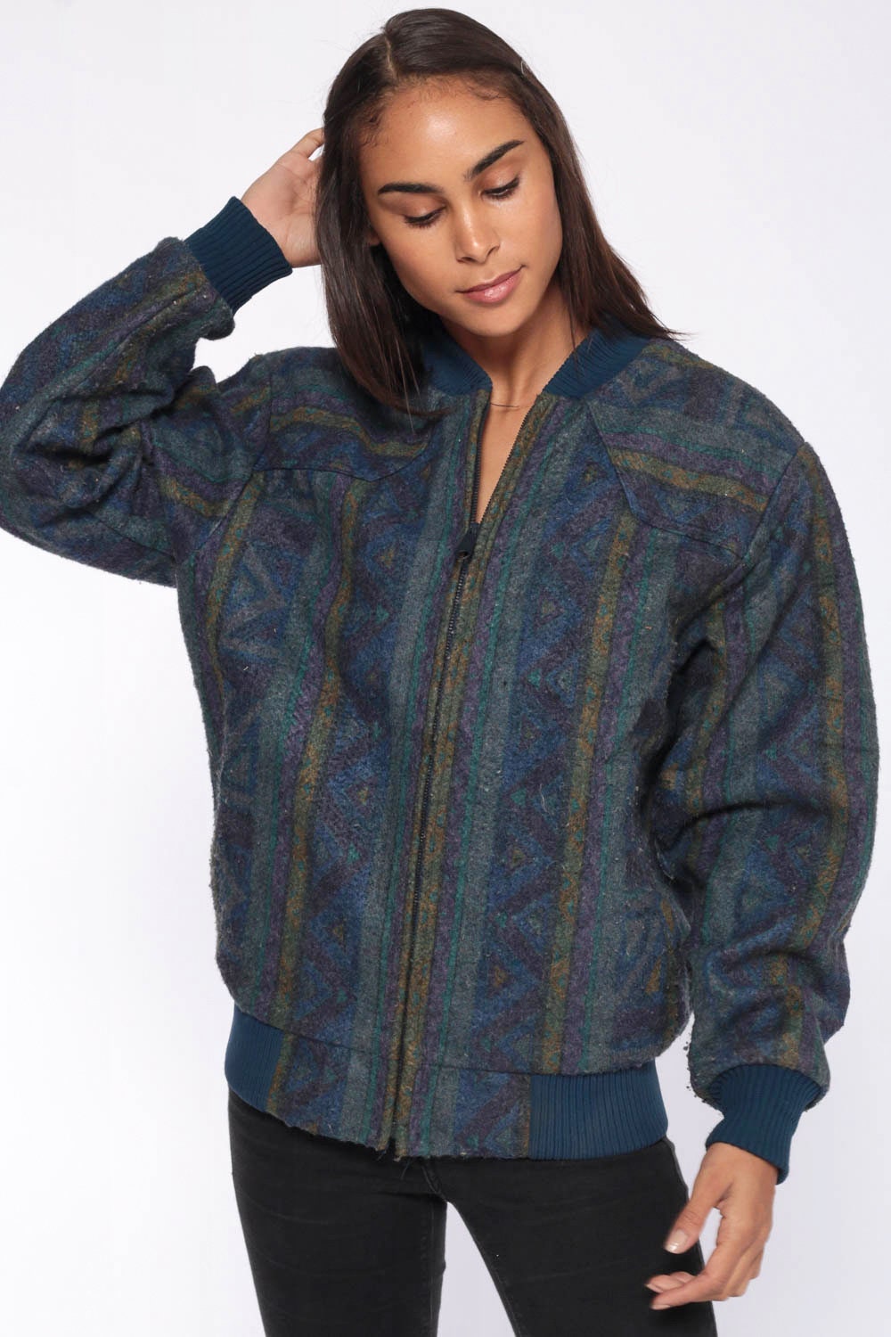 80s Southwestern Tribal Print Blue Bomber Jacket Unisex Medium Large