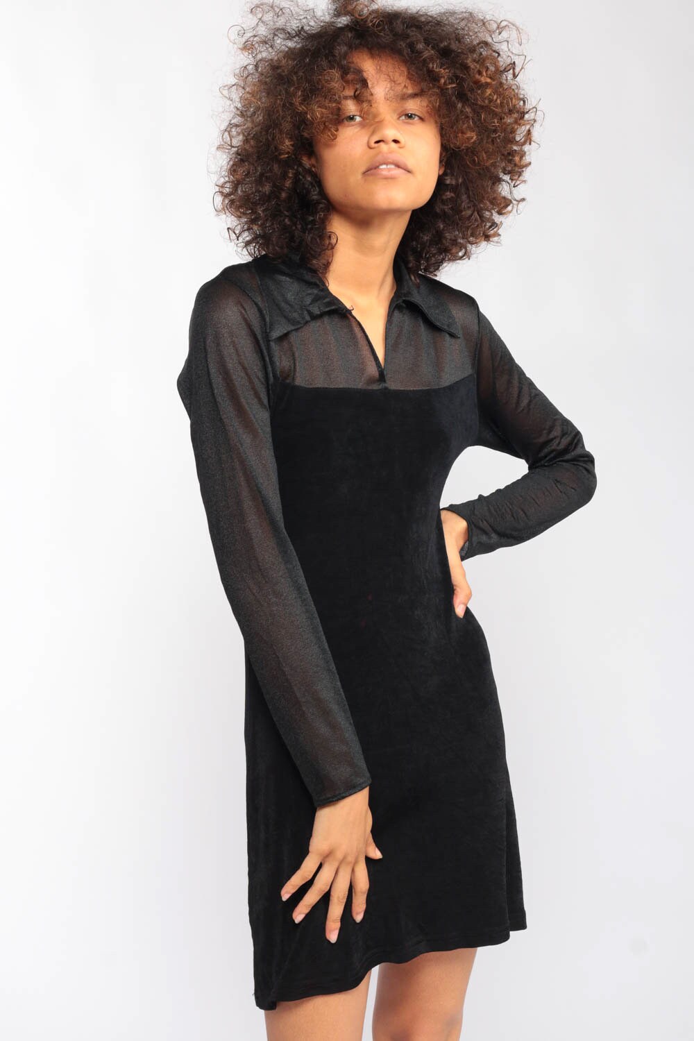 90s Black Mini Dress Sheer Sleeve Sheath Cocktail Extra Small XS