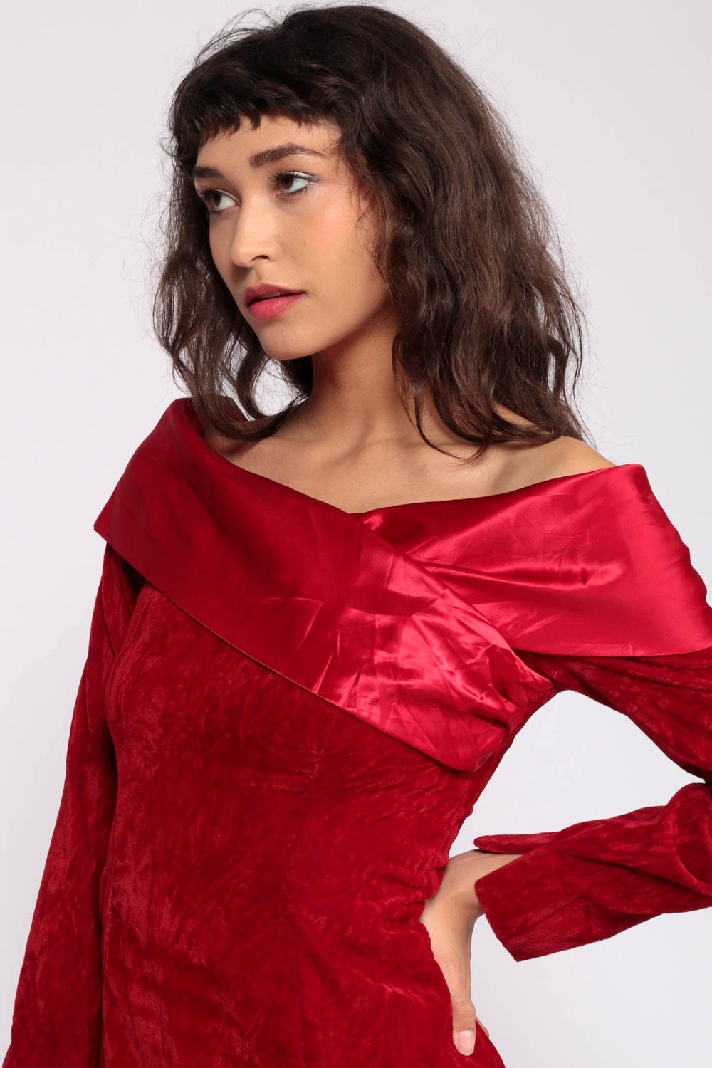 80s Red Velvet Mini Dress Off-Shoulder Long Sleeve Sheath Cocktail Extra Small