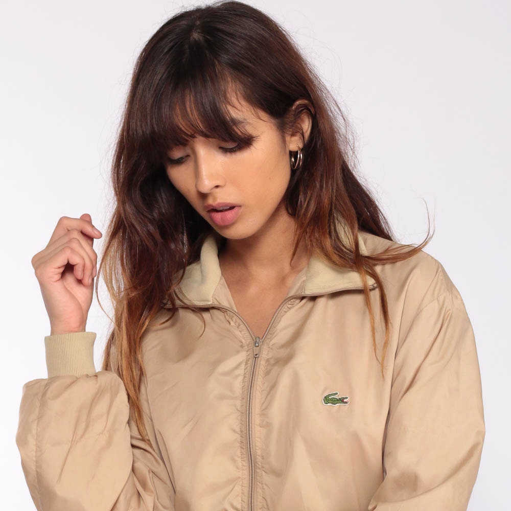 80s Lacoste Tan Windbreaker Jacket Crocodile Zip Bomber Large