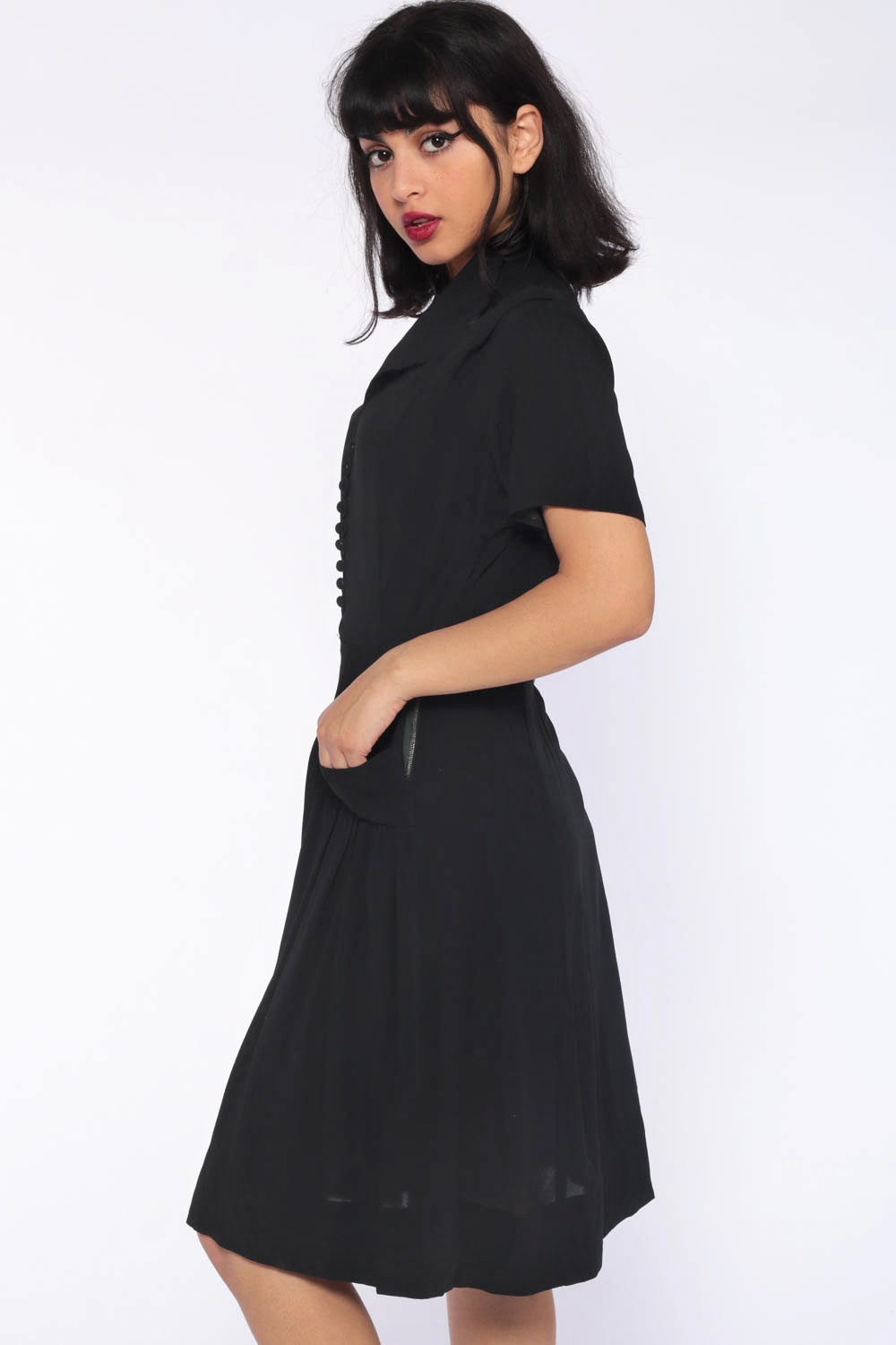 1940s Black Crepe Dress Asymmetrical Collar High Waist Midi Short Sleeve Extra Small