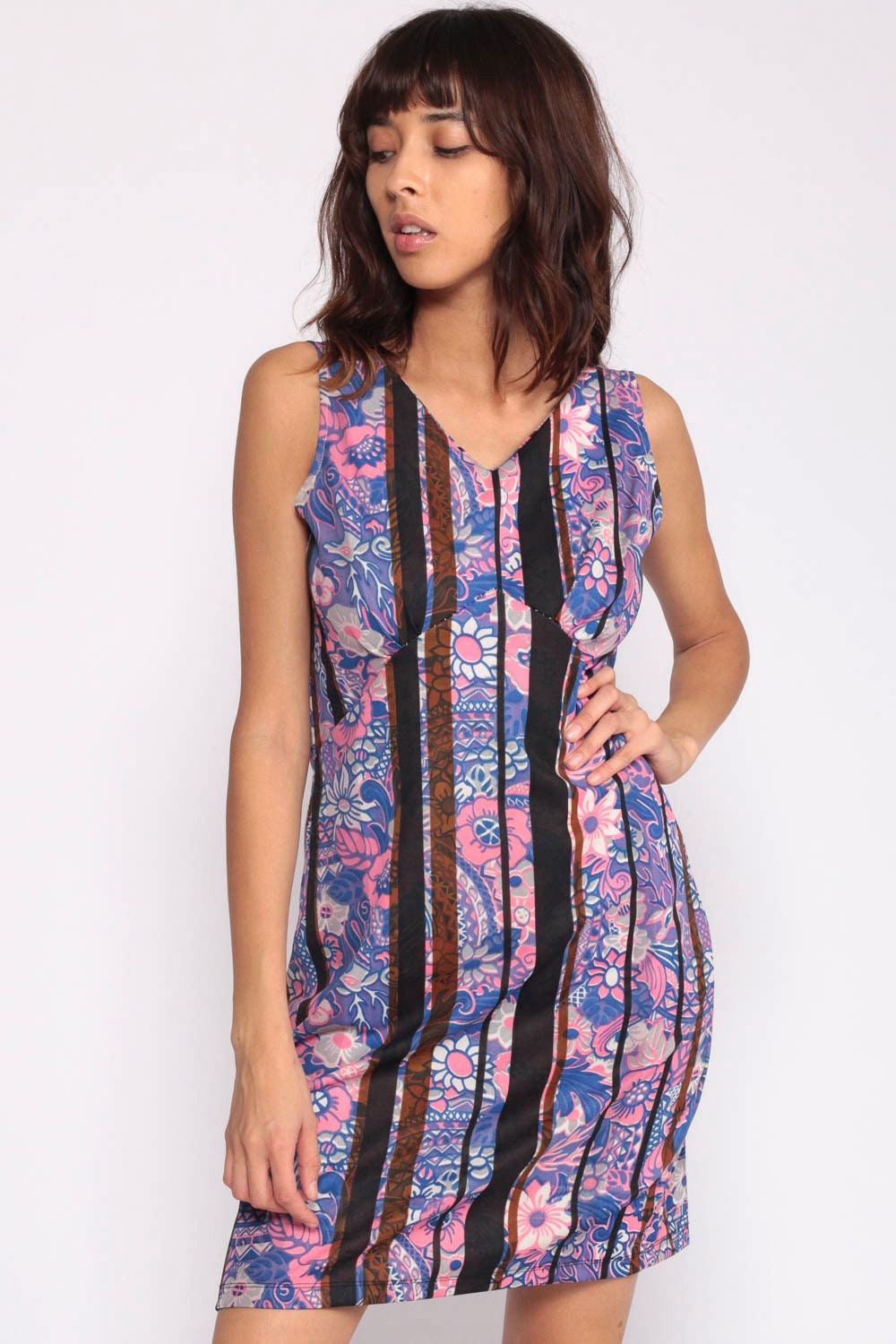 70s Purple Blue Floral Mini Dress Empire Waist Sheath Sleeveless Medium