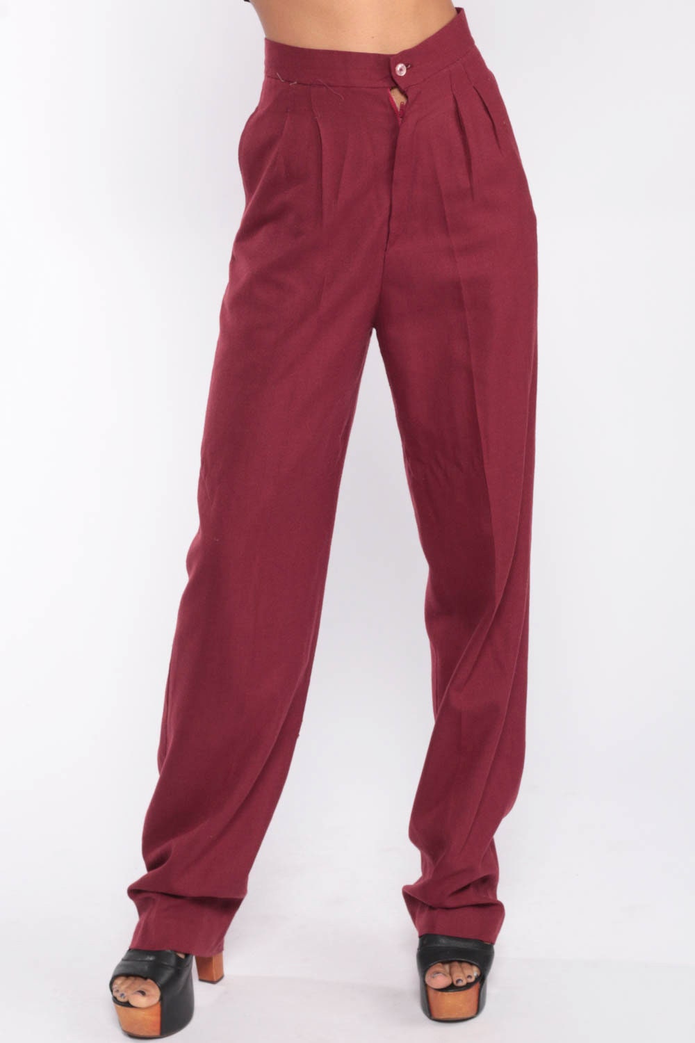 70s Burgundy High-Waist Wide-Leg Pleated Trousers Extra Small XS