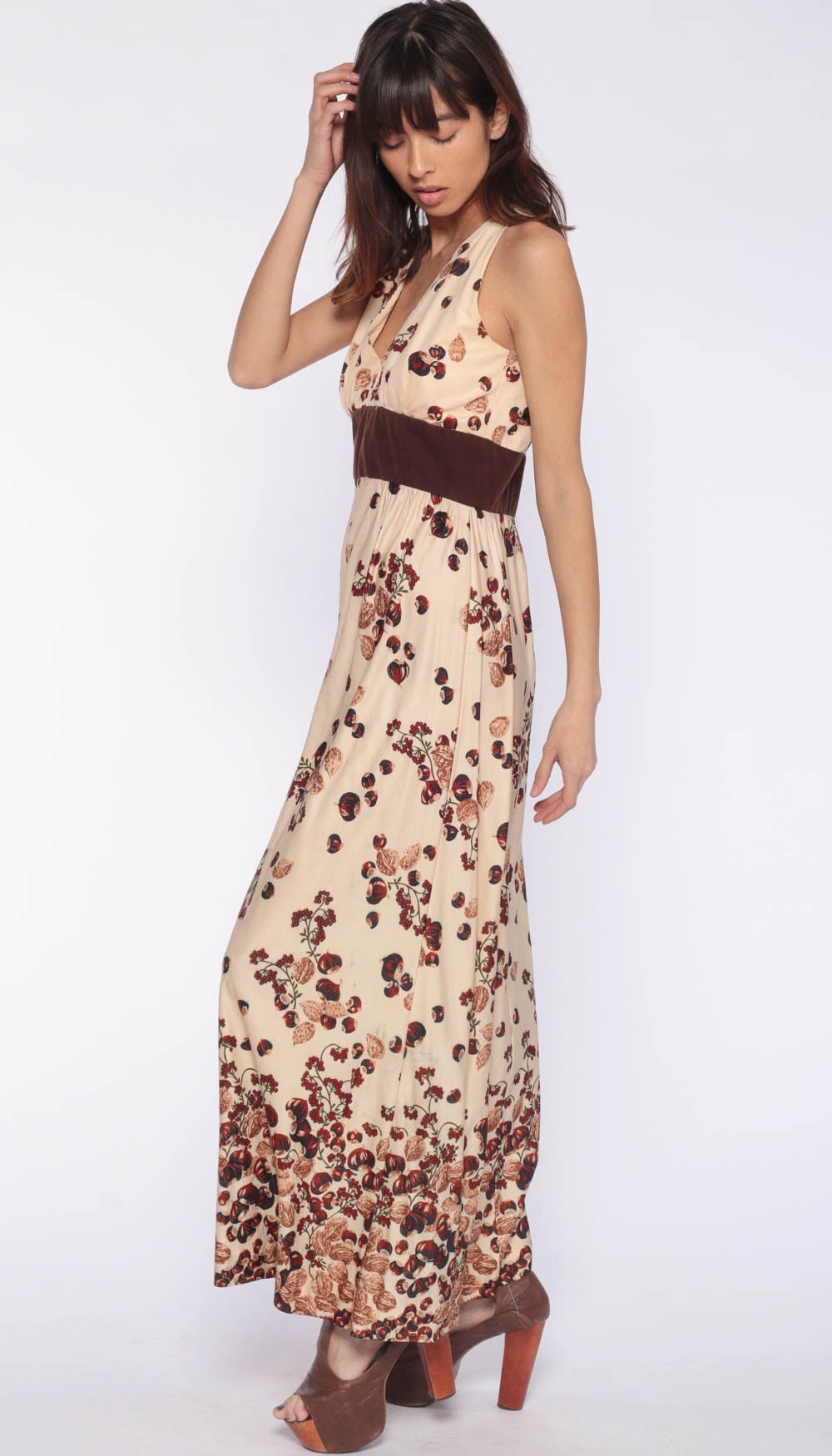 70s Hazelnut Print Maxi Dress Empire Waist Sleeveless Small