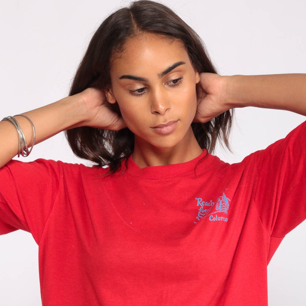 80s Colorado Hot Air Balloon Graphic T-Shirt Red Reach For The Sky Extra Large