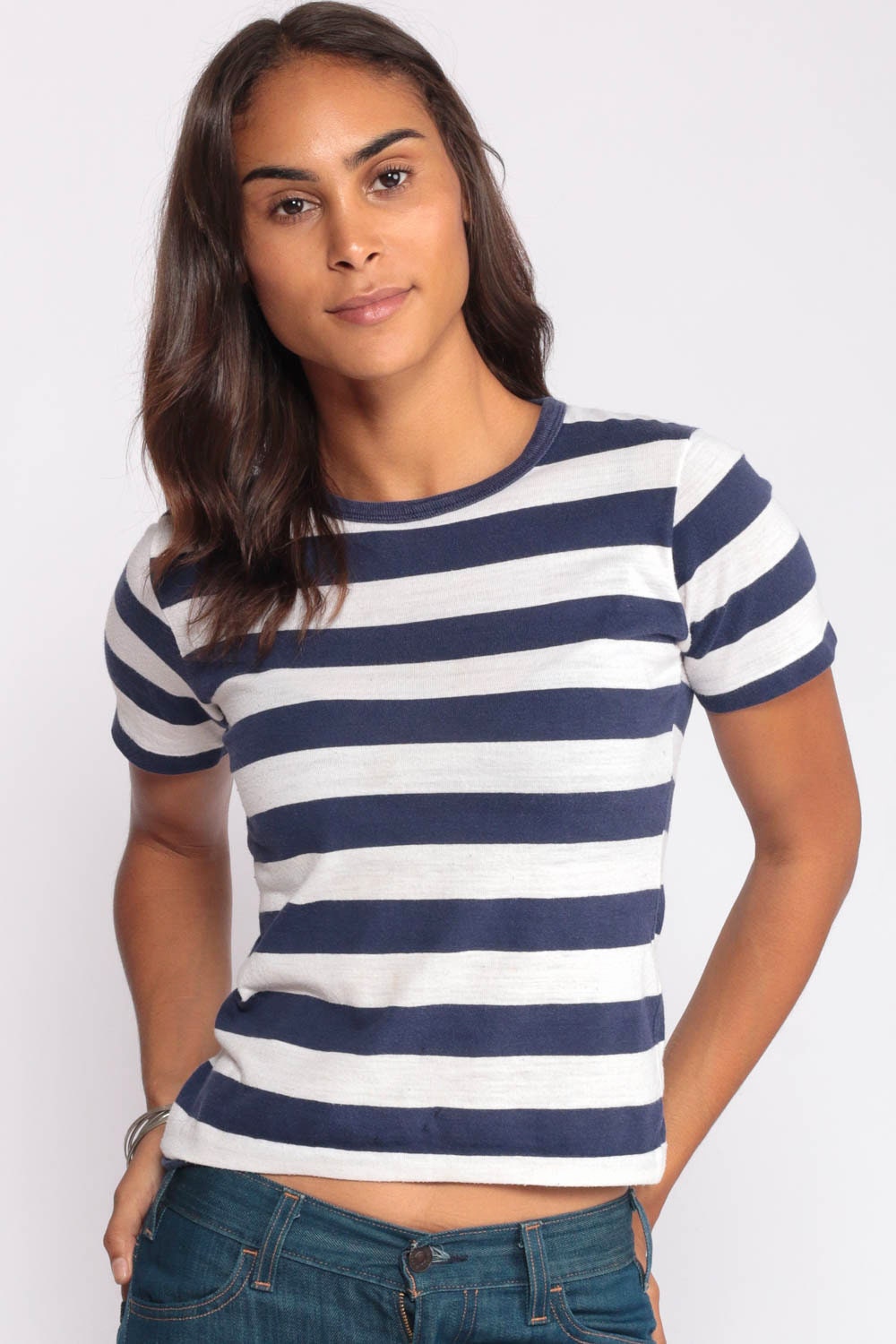 80s Munsingwear Striped Ringer T-Shirt Blue White Paper Thin Extra Small