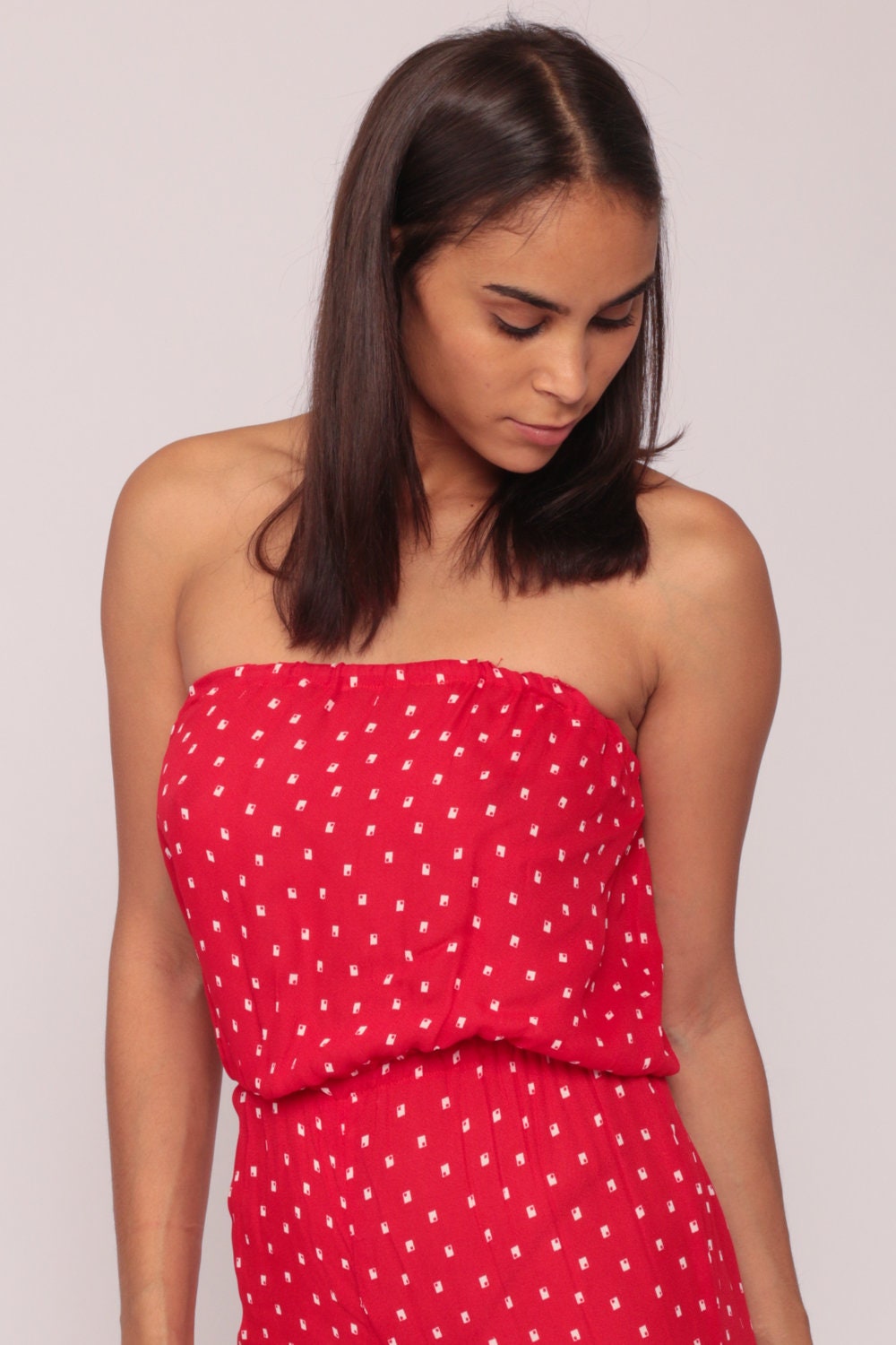 80s Strapless Jumpsuit Red Geometric High Waist Tapered Pant Small