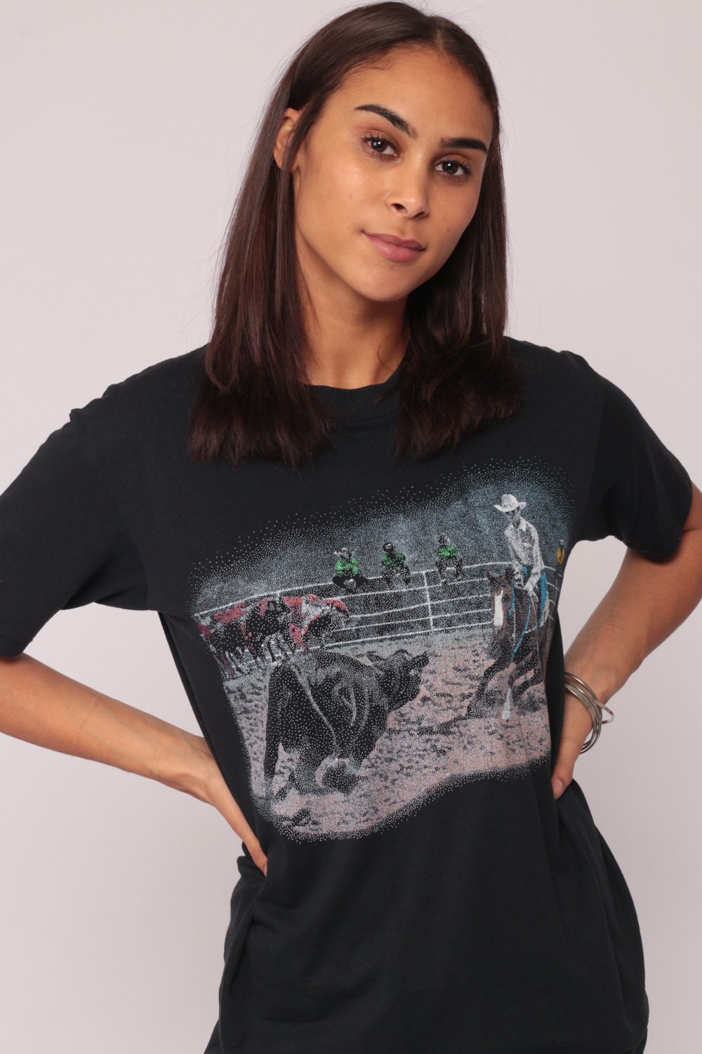 80s Cowboy Rodeo Horse Graphic T-Shirt Black Unisex Medium
