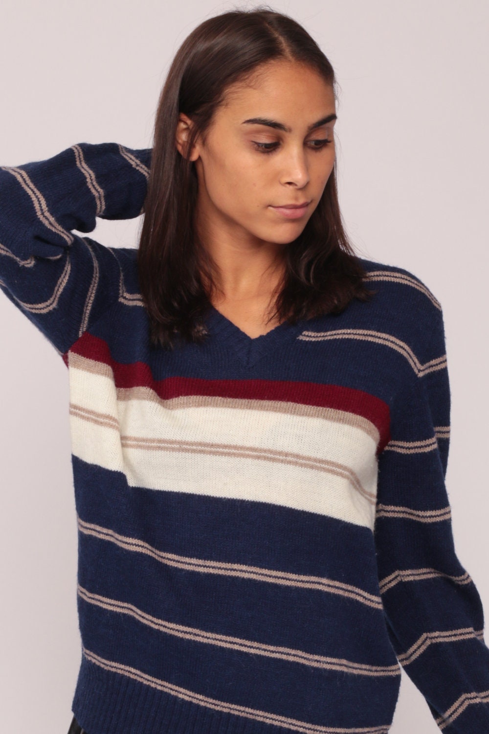 80s Striped V-Neck Sweater Navy Blue Red White Knit Pullover Medium