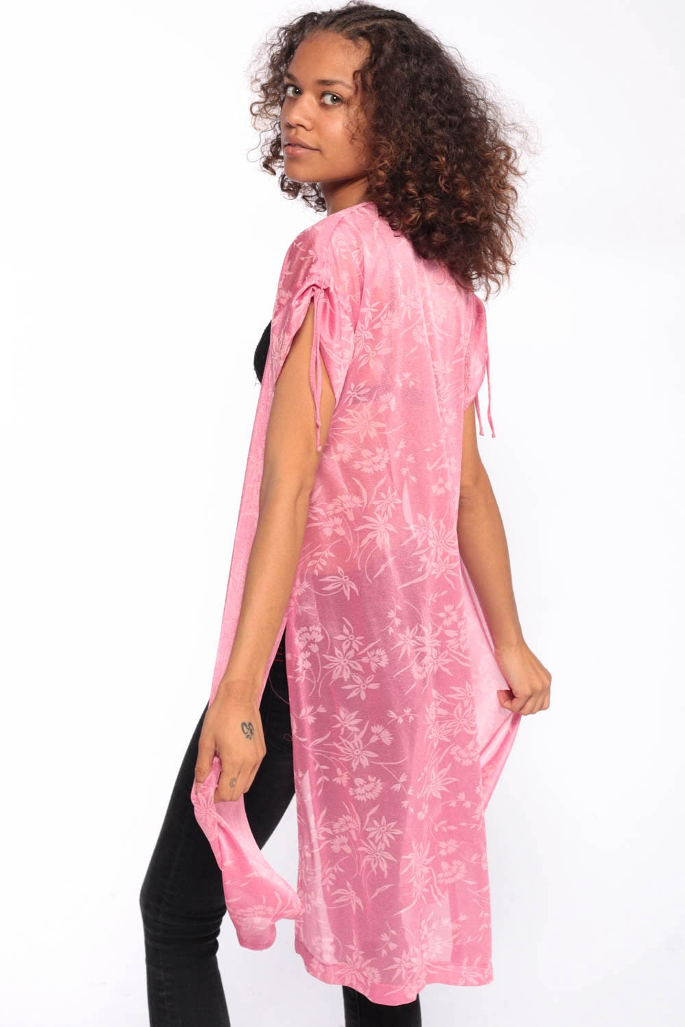 70s Pink Floral Sheer Kimono Jacket High Slit Cap Sleeve Small