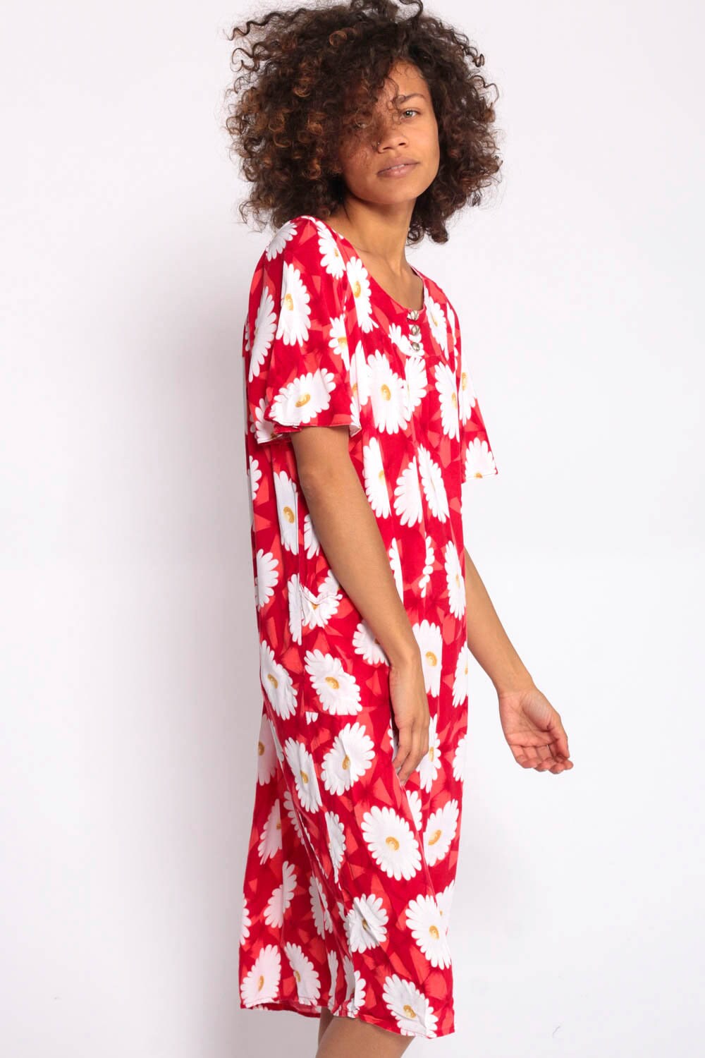 90s Red Floral Midi Dress Rayon Trapeze Shirt Dress White Print Small