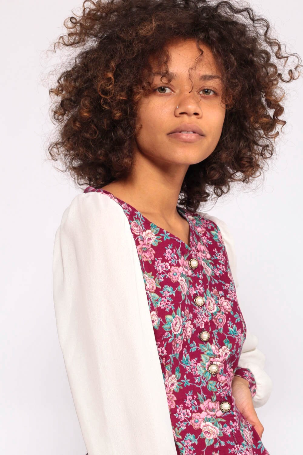 80s Floral Mini Dress Puff Sleeve Button-Up White Pink Small