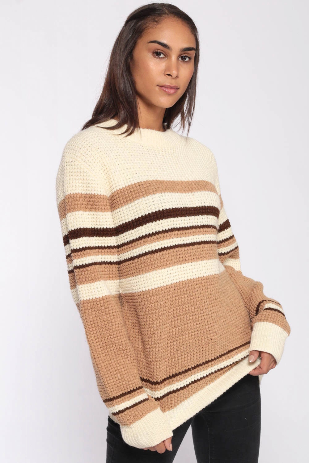 80s Cream Brown Striped Knit Pullover Sweater Unisex Small Medium
