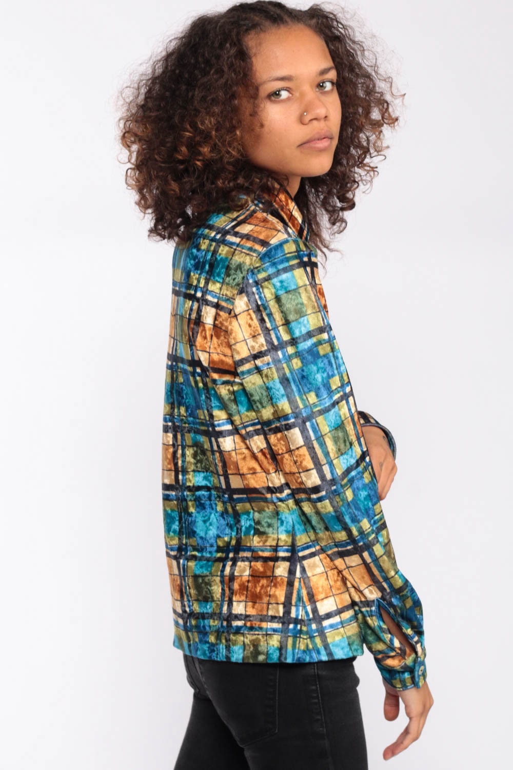 90s Plaid Velvet Button-Up Blouse Blue Long Sleeve Small