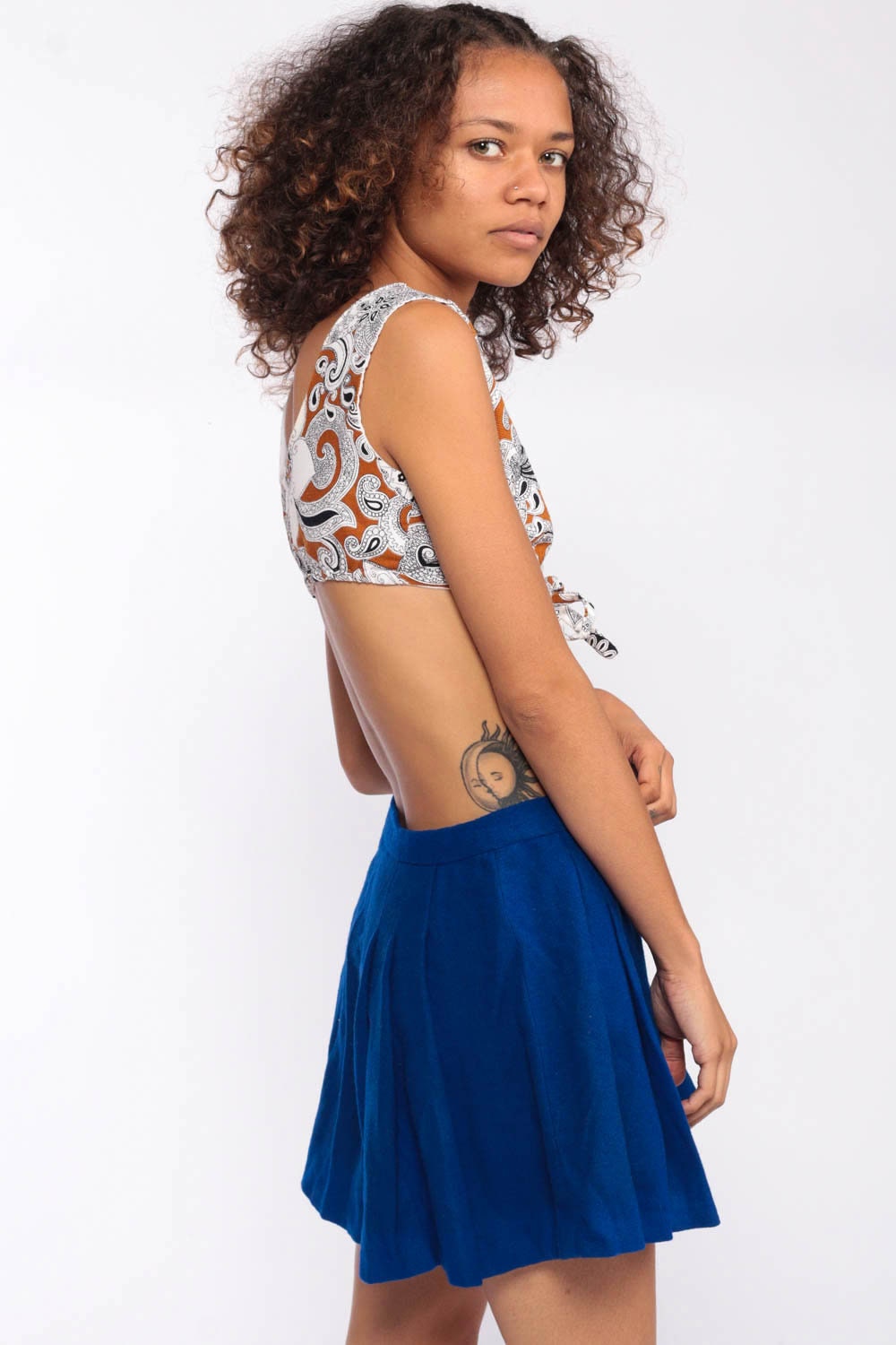 70s Blue Wool Pleated Mini Skirt High Waist Mod Preppy Extra Small