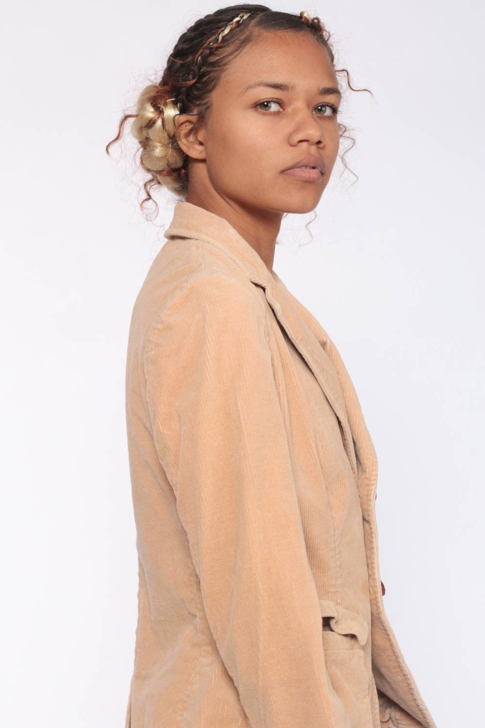 Ralph Lauren 90s Tan Corduroy Blazer Wooden Buttons Fitted Extra Small