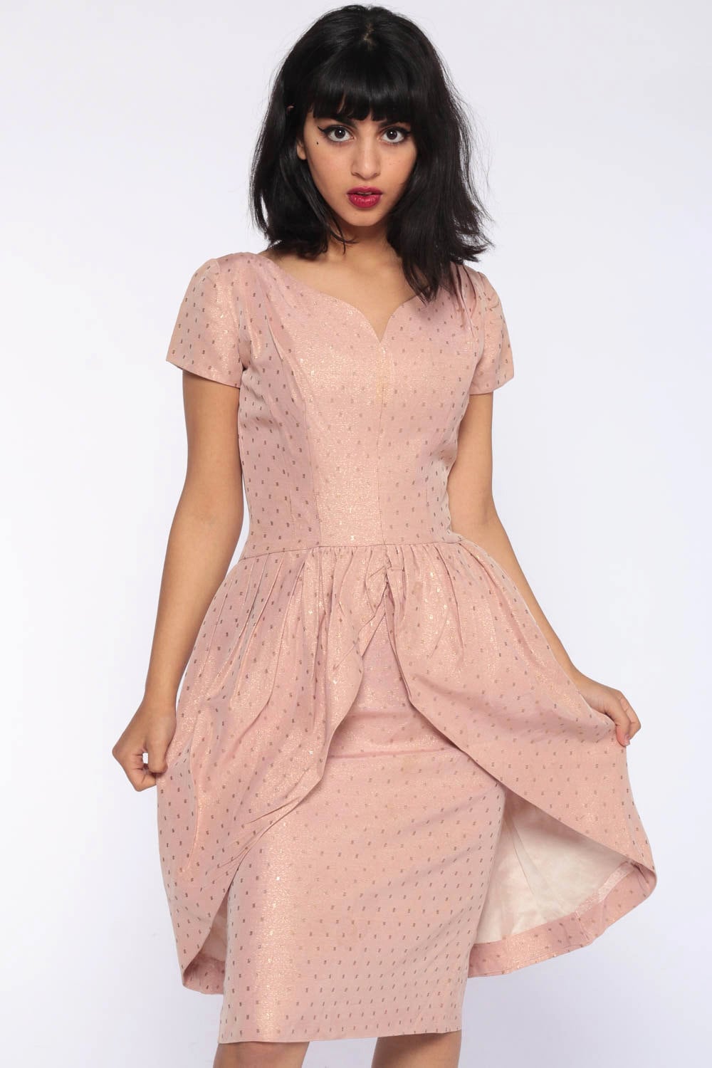 1950s Pink Metallic Tulip Skirt Party Dress Tea Length Extra Small XS