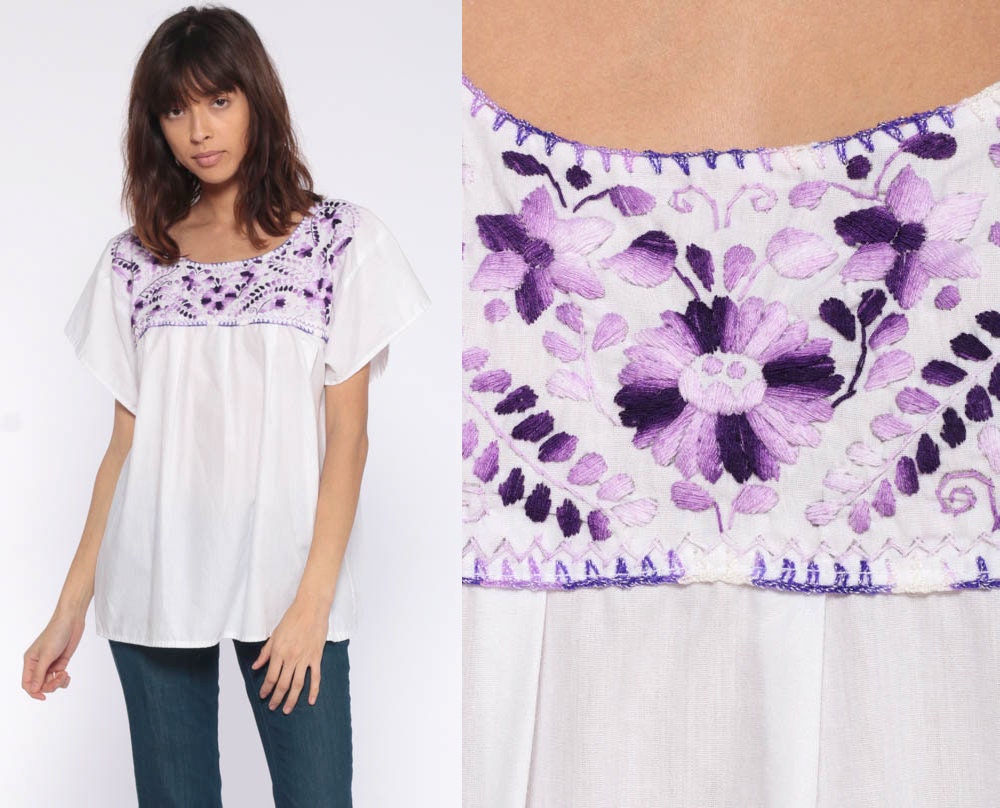 90s Mexican Embroidered Blouse Purple Floral Cotton Tunic Small Medium