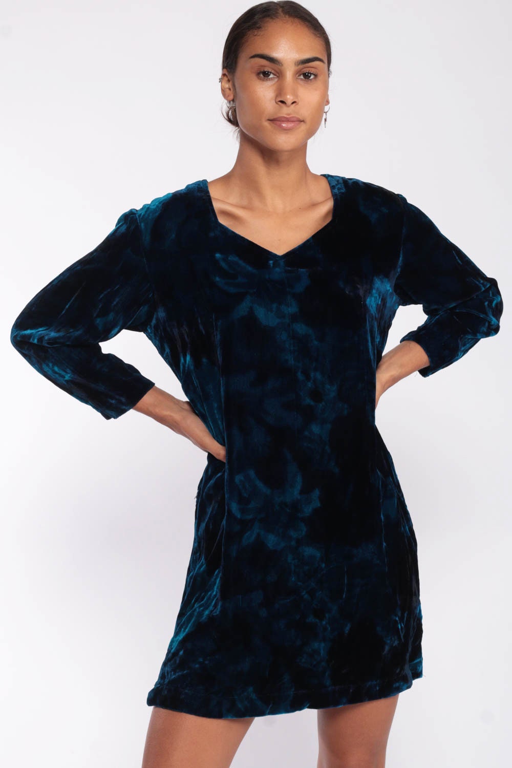 80s Blue Velvet Mini Dress Floral Tie Dye Long Sleeve Shift Medium