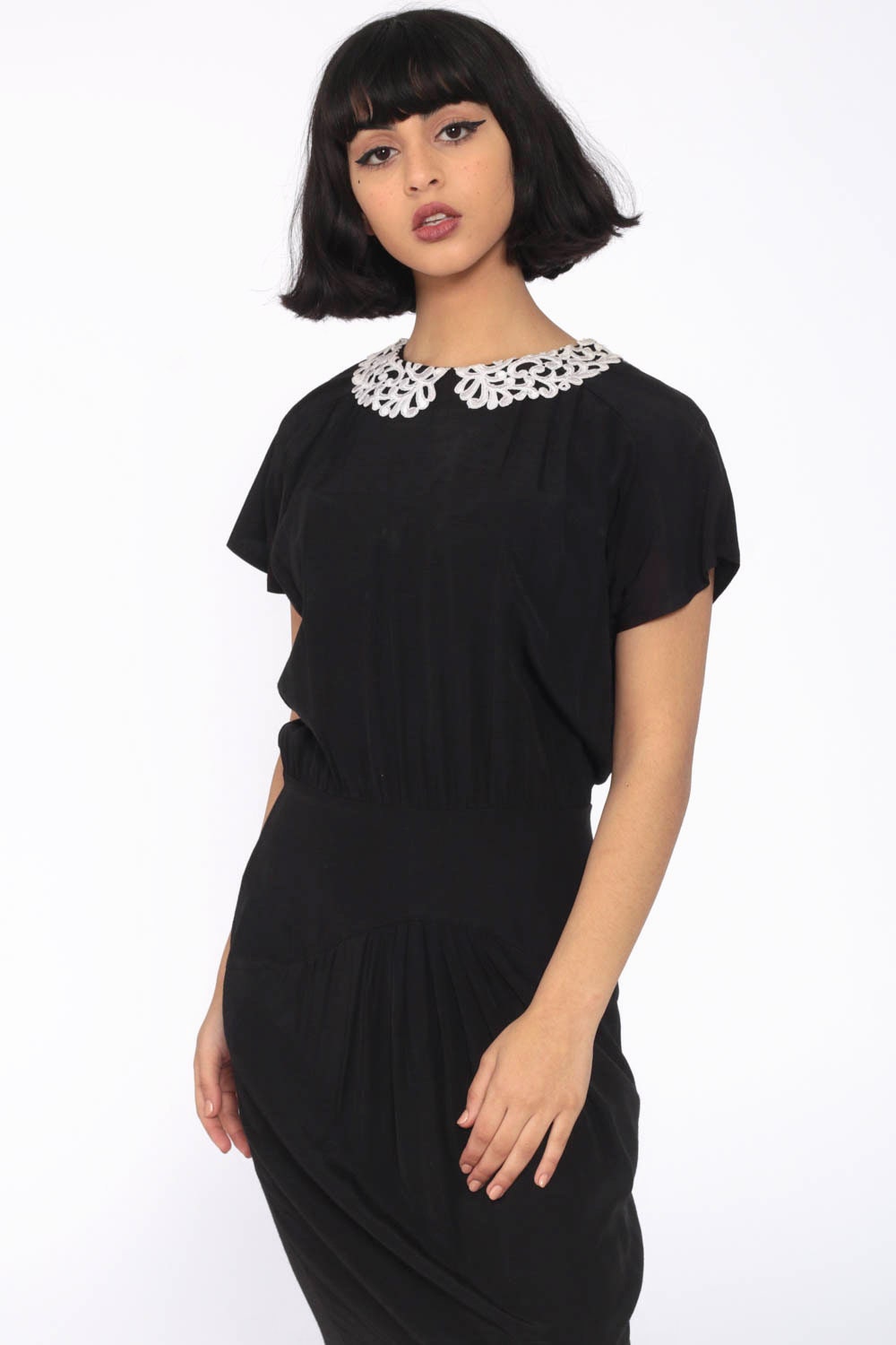 80s Black Mini Dress White Peter Pan Collar Cap Sleeve Extra Small XS