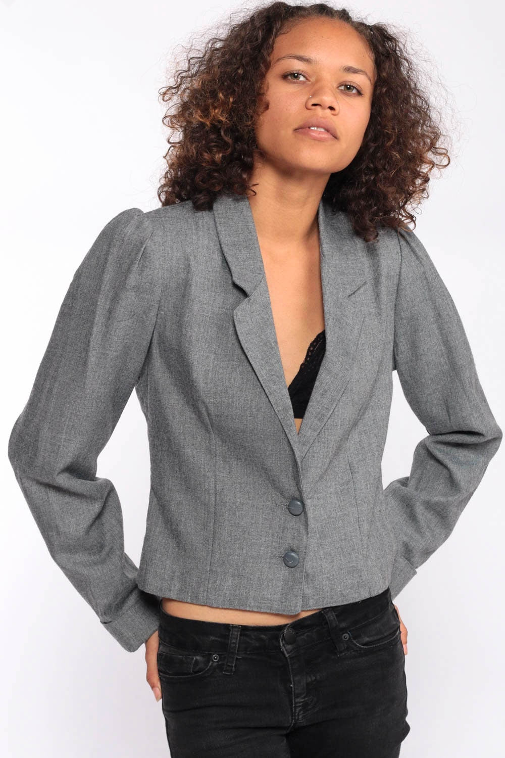 80s Wrangler Puff Sleeve Blazer Grey Jacket Extra Small XS