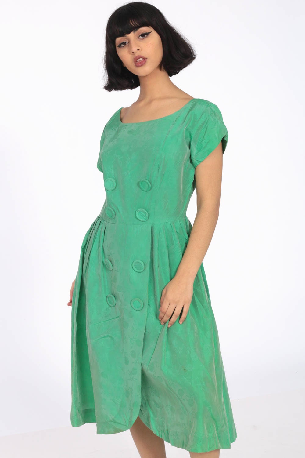 1960s Green Floral Taffeta Midi Dress Double Breasted High Waist Small