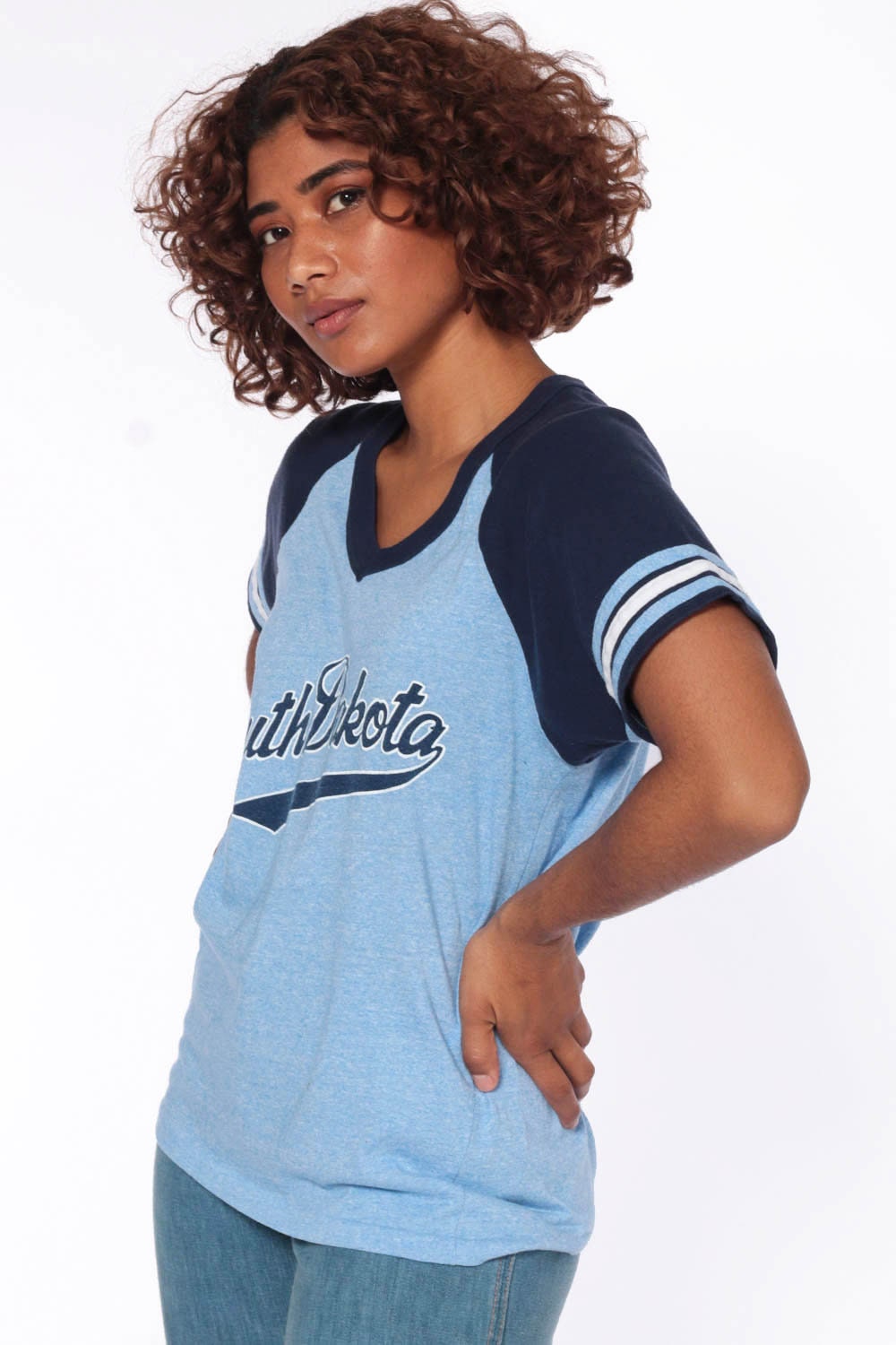 70s-80s South Dakota Ringer T-Shirt Blue Striped Raglan Small